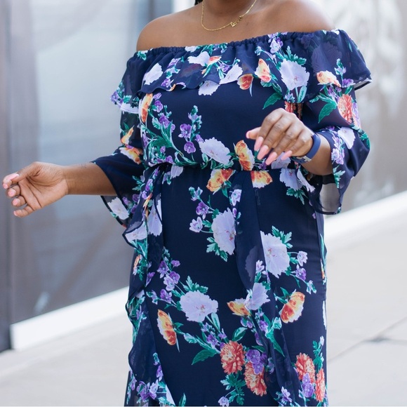 New York &Co Navy Floral Off-Shoulder Ruffled Summer Flowy Fairy Maxi Dress Sz M - Picture 4 of 14